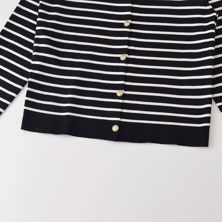 Ladies Striped Fine Knit Cardigan with Round Neck and Decorative Buttons Mune Fashion