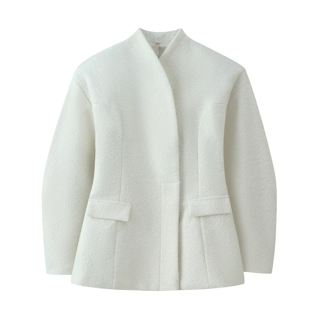 Women's Boucle Short Jacket with Boxy Silhouette, Concealed Button Placket and Flap Pockets Mune Fashion