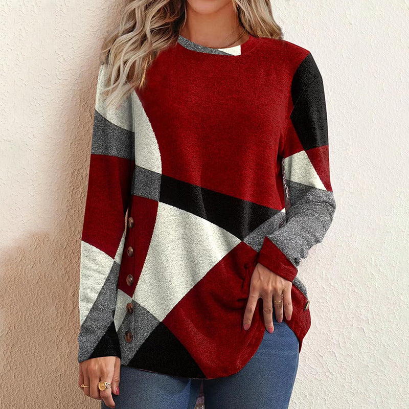 Women's fine knit sweater with geometric color block and decorative buttons Mune Fashion
