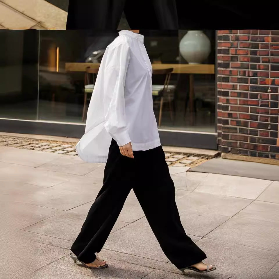 Women's boxy shirt with short stand-up collar, dropped shoulder, and extended back Mune Fashion