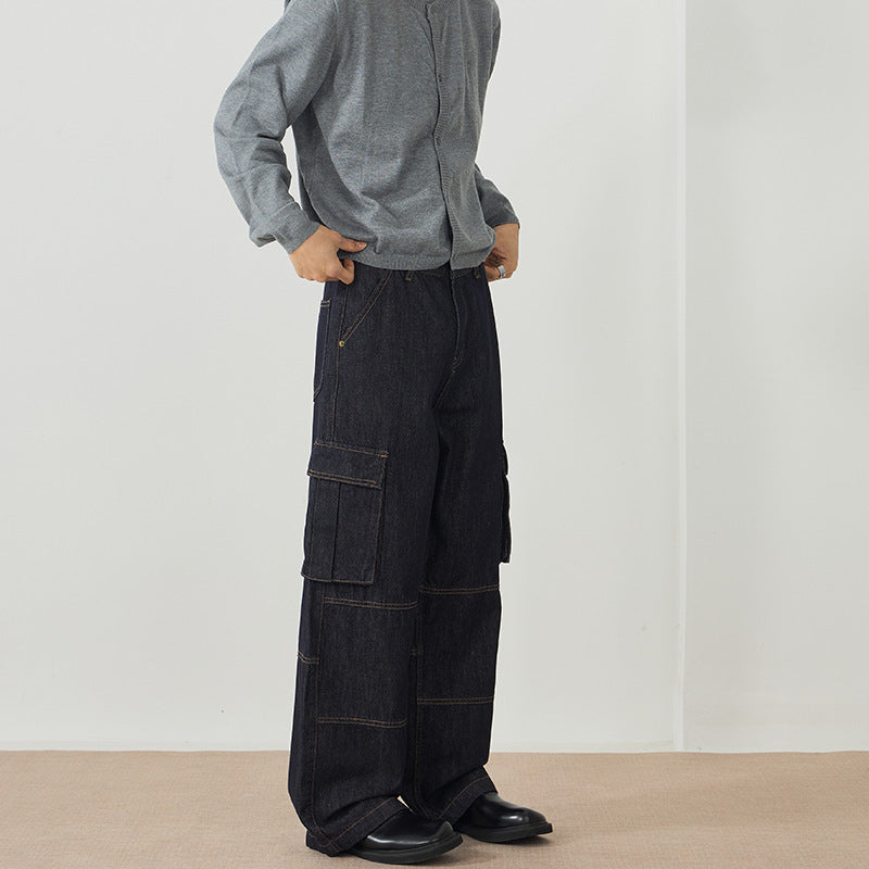 Men's Loose Denim Cargo Palazzo Pants with Panel Seams, Flap Pockets and Raw Finish Mune Fashion