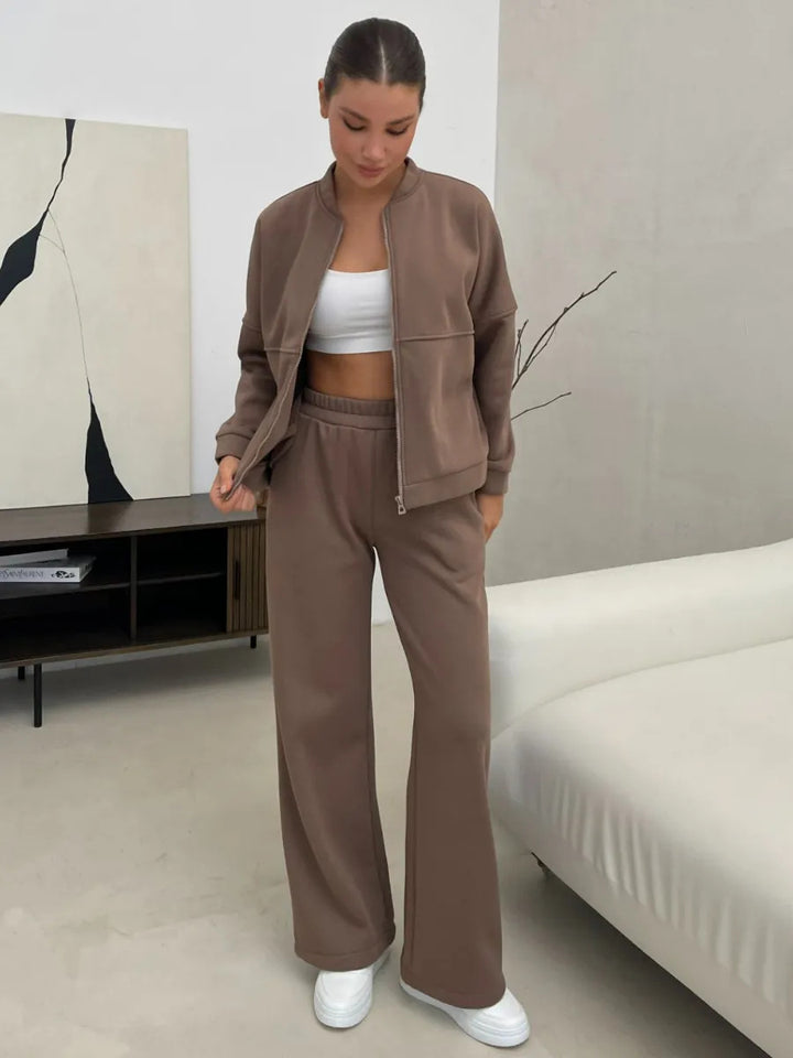 Women's Casual Zip Lounge Set with Stand Collar and Wide High Waist Jog Pants Mune Fashion