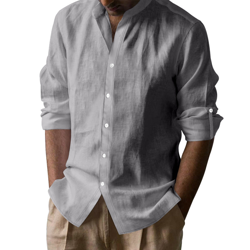 Men's casual linen shirt with Kent collar, continuous button placket, and roll-up sleeves Mune Fashion