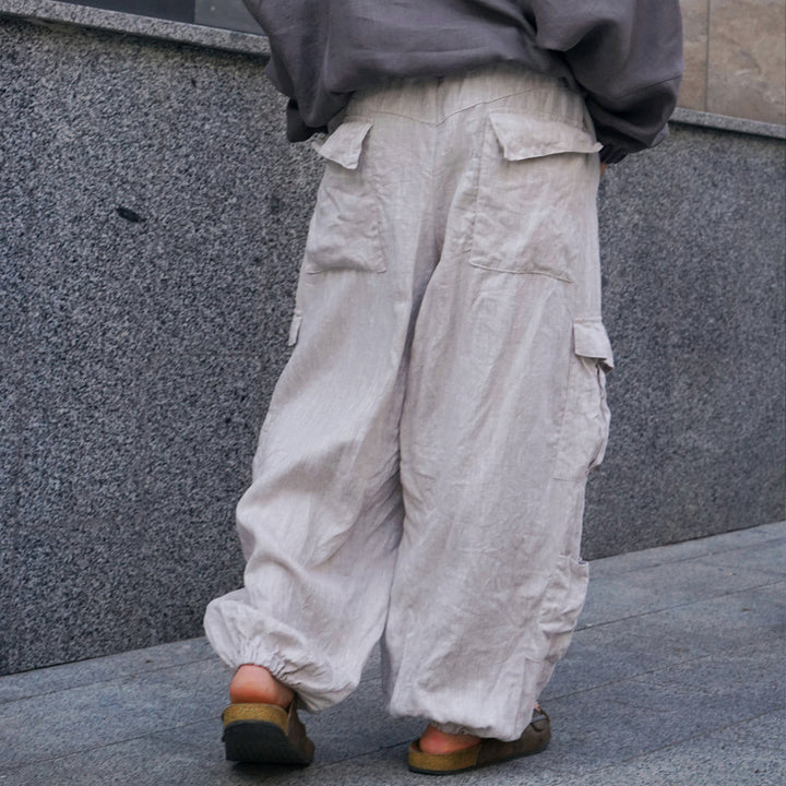 Men's Wide Linen Cargo Pants with Elastic Waistband, Pleats and Patch Side Pocket Mune Fashion