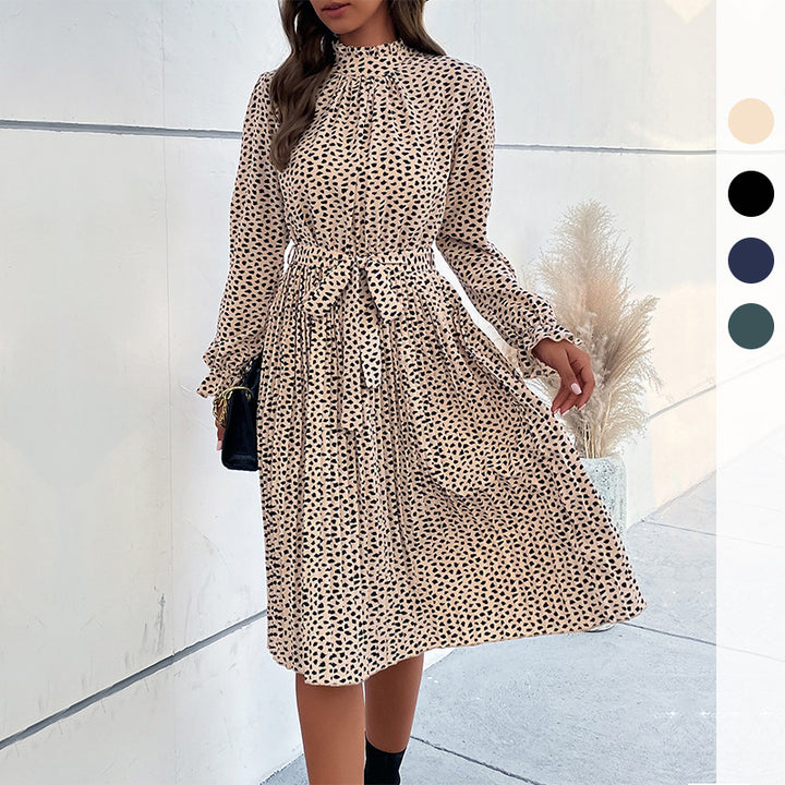 Women's midi dress with stand-up collar, gathered yoke and tie belt Mune Fashion