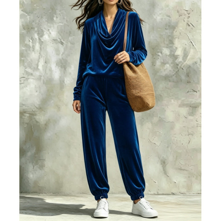 Women's Velvet Lounge Set with Waterfall Collar and Jogger Pants Mune Fashion