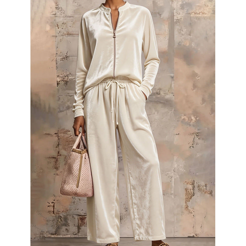 Women's Velvet Lounge Set with Stand Collar, Half Zipper and Wide Palazzo Pants Mune Fashion