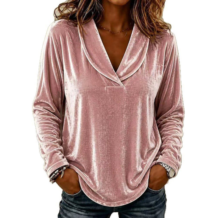 Ladies Velour Long Sleeve with Deep Shawl Collar and Rounded Hem Mune Fashion