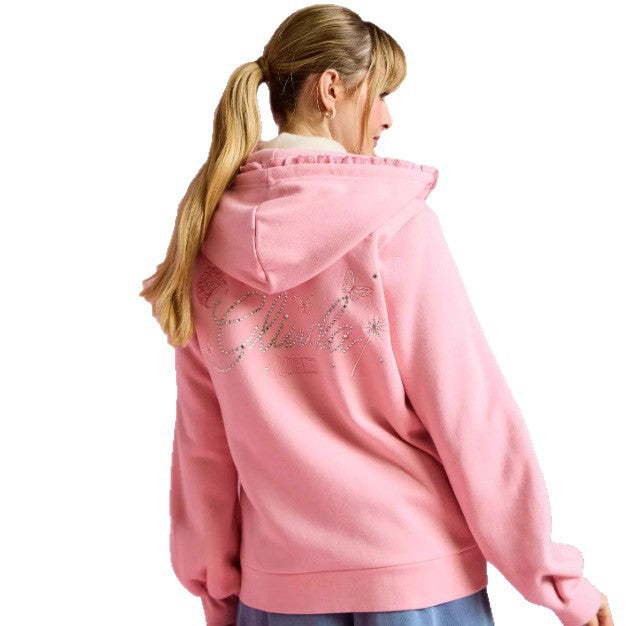Women's Ruffled Hooded Sweat Jacket with Balloon Sleeves and Rhinestone Logo Mune Fashion