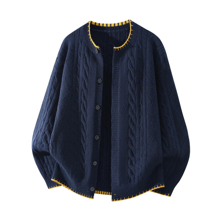 Women's Oversize Cable Knit Cardigan with Round Neck, Balloon Sleeves & Contrast Stitch Mune Fashion