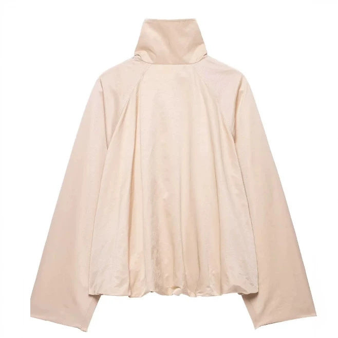 Women Short Blouson made of Artificial Leather with Double-Breasted Button Placket and Shoulder Cape Mune Fashion