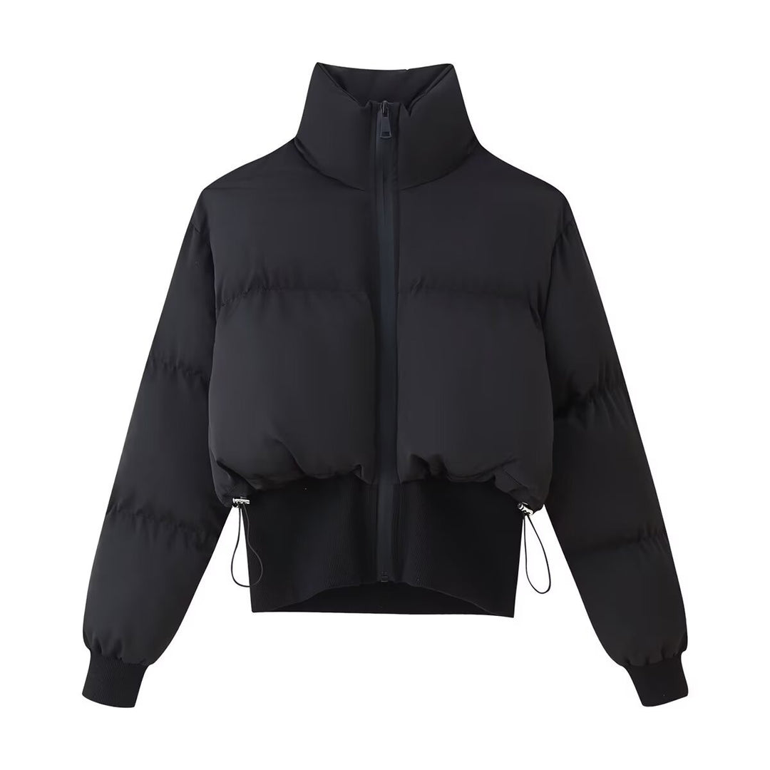 Women's cropped quilted jacket with high stand-up collar, drawstring hem and wide ribbed waistband Mune Fashion