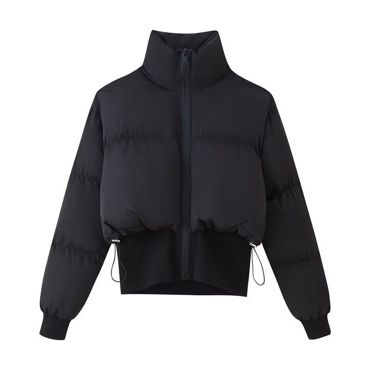 Women's cropped quilted jacket with high stand-up collar, drawstring hem and wide ribbed waistband Mune Fashion