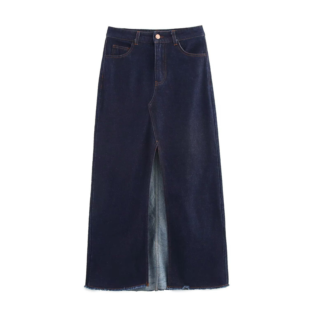 Women's Long Jean Midi Skirt with High Waist, Front Slit and Raw Hem Mune Fashion