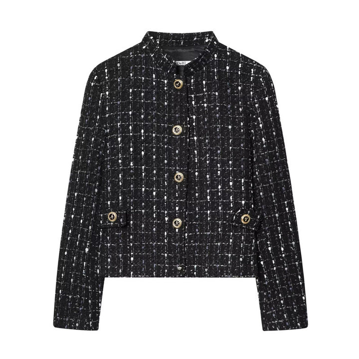 Women's short bouclé tweed jacket with stand-up collar, decorative buttons and patch pockets Mune Fashion