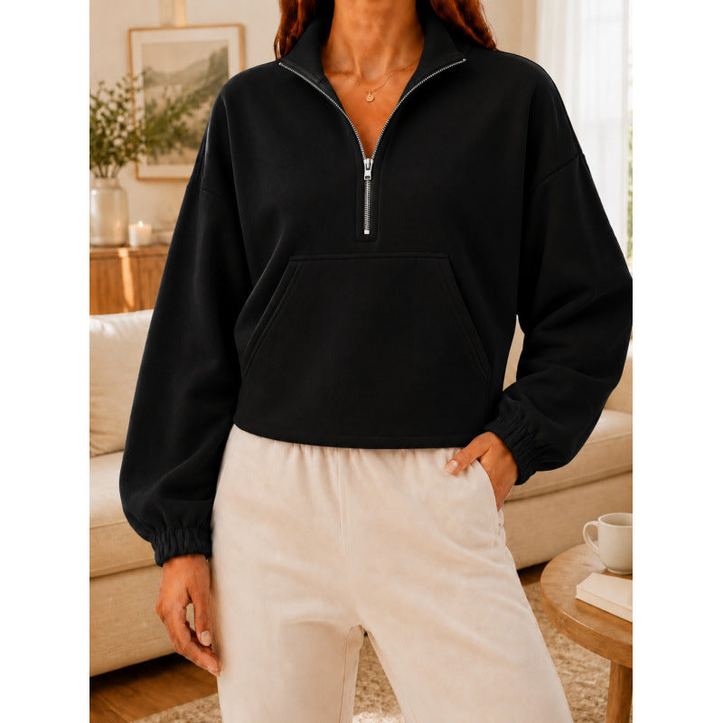 Women's Short Cut Sweatshirt Sweater with Half Zipper and Kangaroo Pocket Mune Fashion
