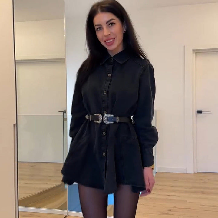 Women’s Denim Button Dress with Fitted Cut and Belt Mune