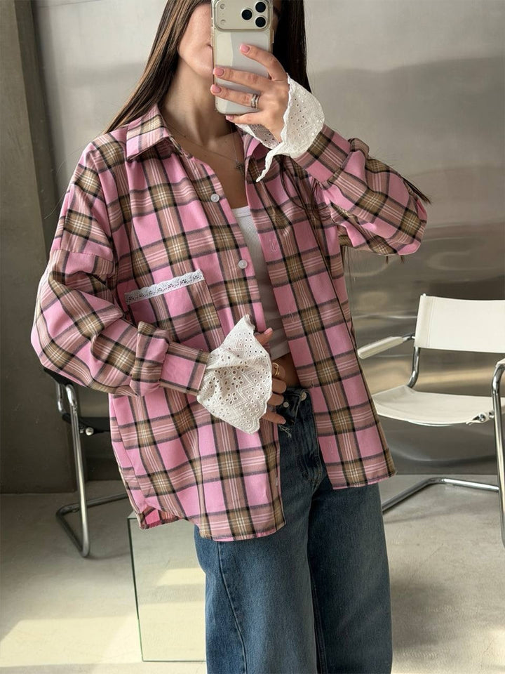 Women’s Oversize Checked Flannel Shirt with Lace Cuffs and Decorative Piping Mune Fashion