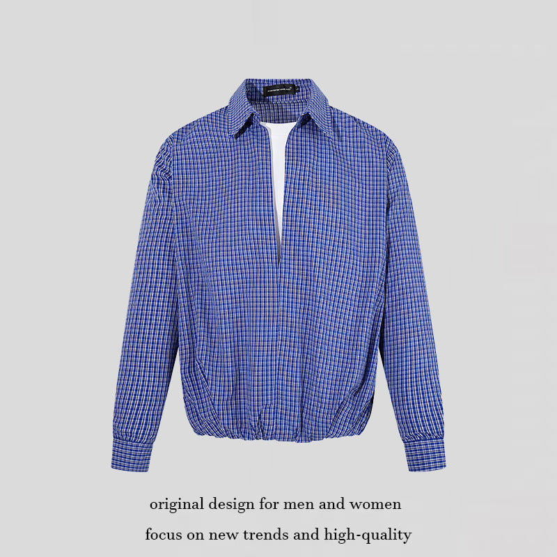 Men's Overshirt Blouson in Check Pattern with Elastic Waistband and Shirt Collar Mune Fashion