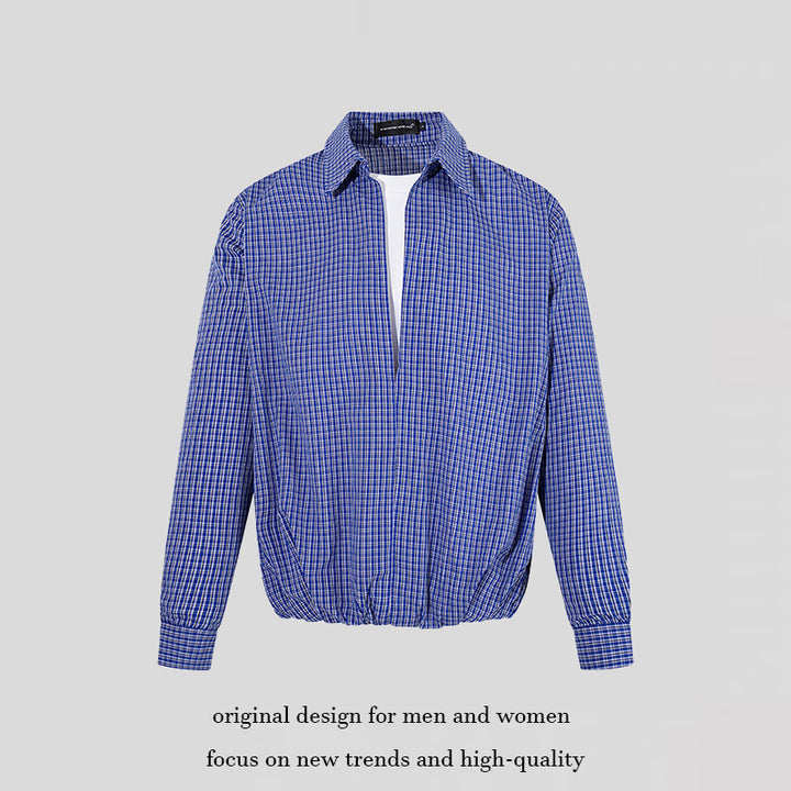 Men's Overshirt Blouson in Check Pattern with Elastic Waistband and Shirt Collar Mune Fashion