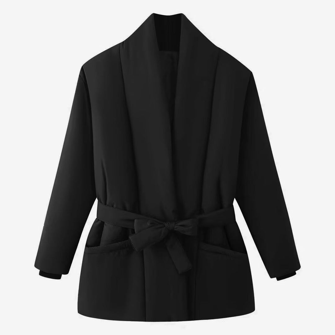Women's Short Quilted Padded Jacket with Shawl Collar and Waist Belt Mune Fashion