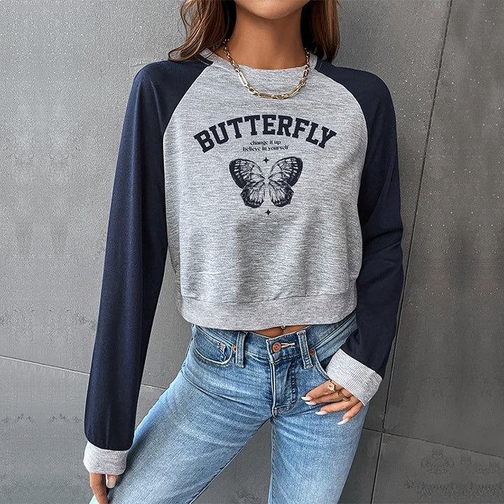 Women's Cropped Raglan Sweatshirt with Butterfly Print, Ribbed Hem and Casual Fit Mune Fashion