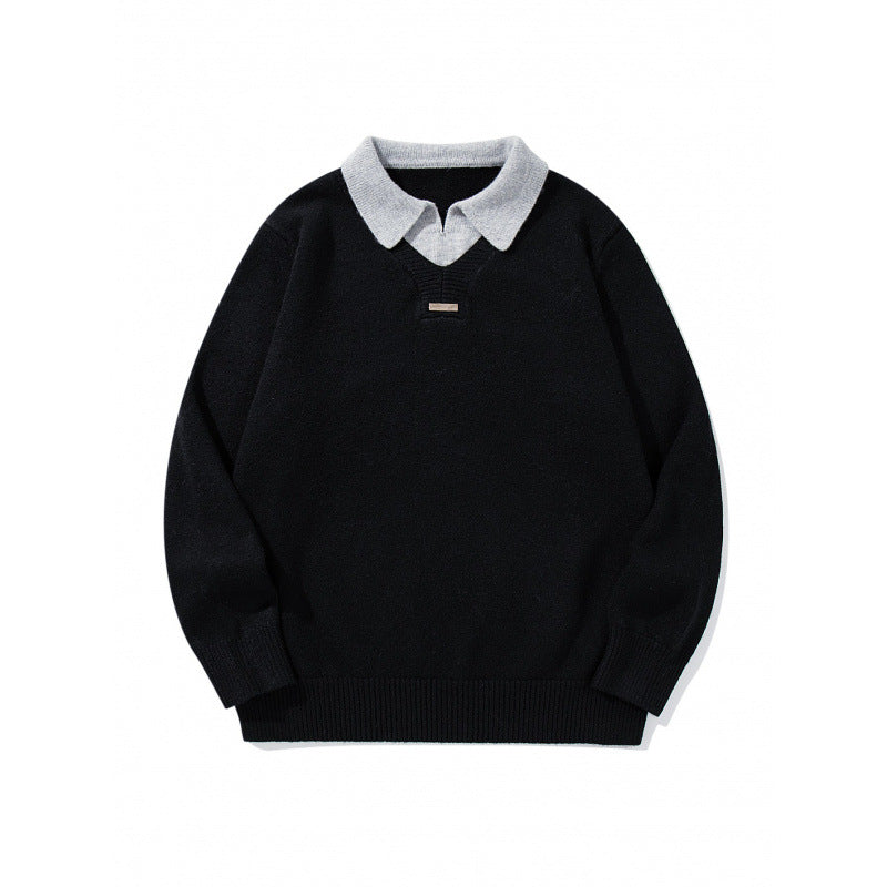 Men's Relaxed Merino-Mix Knit Sweater with Contrasting Polo Collar and V-Detail Mune Fashion