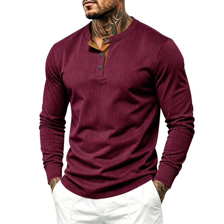 Men's Ribbed Long Sleeve Henley with Stand-Up Collar, Contrast Button Placket and Ribbed Cuffs Mune Fashion