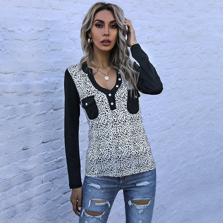 Women's Long Sleeve Shirt in Animal Print with Contrasting Sleeves, Button Placket and Chest Pockets Mune Fashion