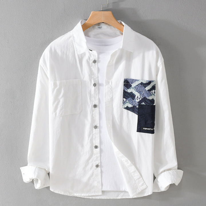 Men's lightweight cotton overshirt with contrasted patch chest pocket in layering style Mune Fashion