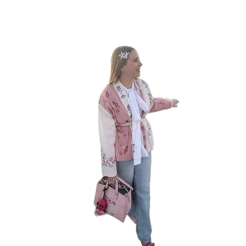 Women Embroidered Lightweight Kimono Jacket with Floral Appliqués and Open Fall Mune Fashion
