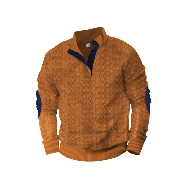 Men's cable knit sweater with stand-up collar, button placket & elbow patches Mune Fashion