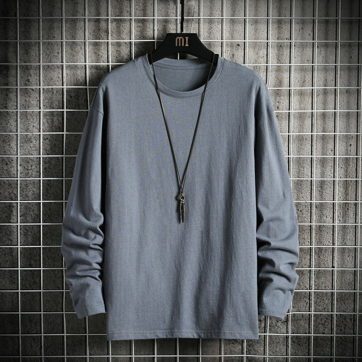 Men's Casual Cotton Basic Long Sleeve Shirt with Round Neck, Relaxed Fit and Reinforced Hem Processing Mune Fashion