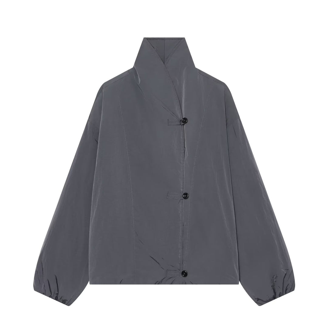 Women's Lightweight Cropped Nylon Jacket with High Funnel Neck, Oversized Cut, and Elastic Cuffs Mune Fashion