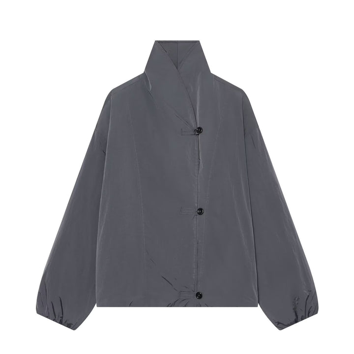 Women's Lightweight Cropped Nylon Jacket with High Funnel Neck, Oversized Cut, and Elastic Cuffs Mune Fashion