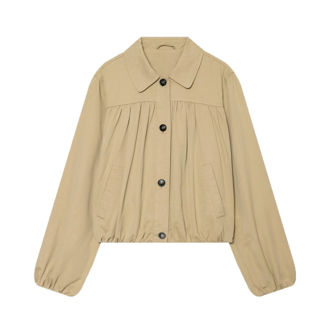 Women's short jacket with gathered chest area, drawstring hem, and balloon sleeves Mune Fashion