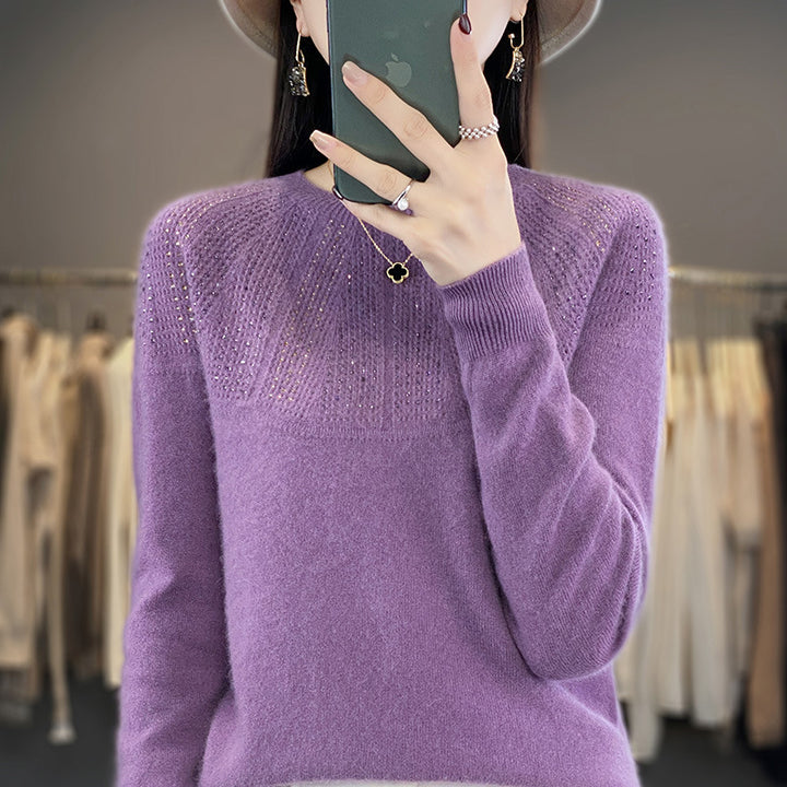 Ladies Soft Cashmere-Look Fine Knit Sweater with Ajour-Yoke and Sequin Trim Mune Fashion