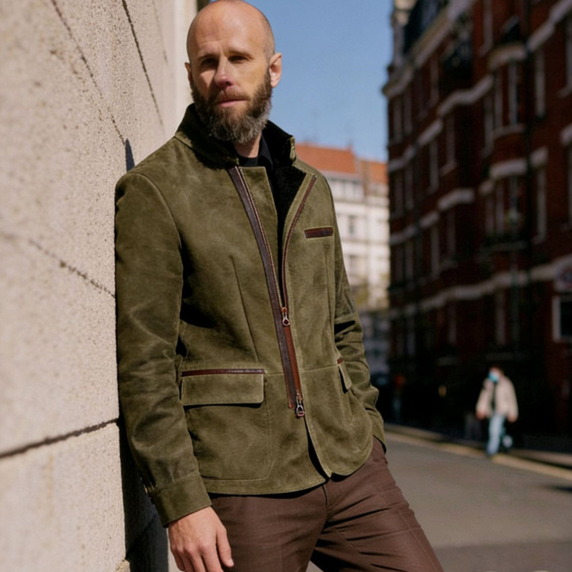 Men's leather jacket with high stand-up collar and asymmetrical two-way zipper Mune Fashion