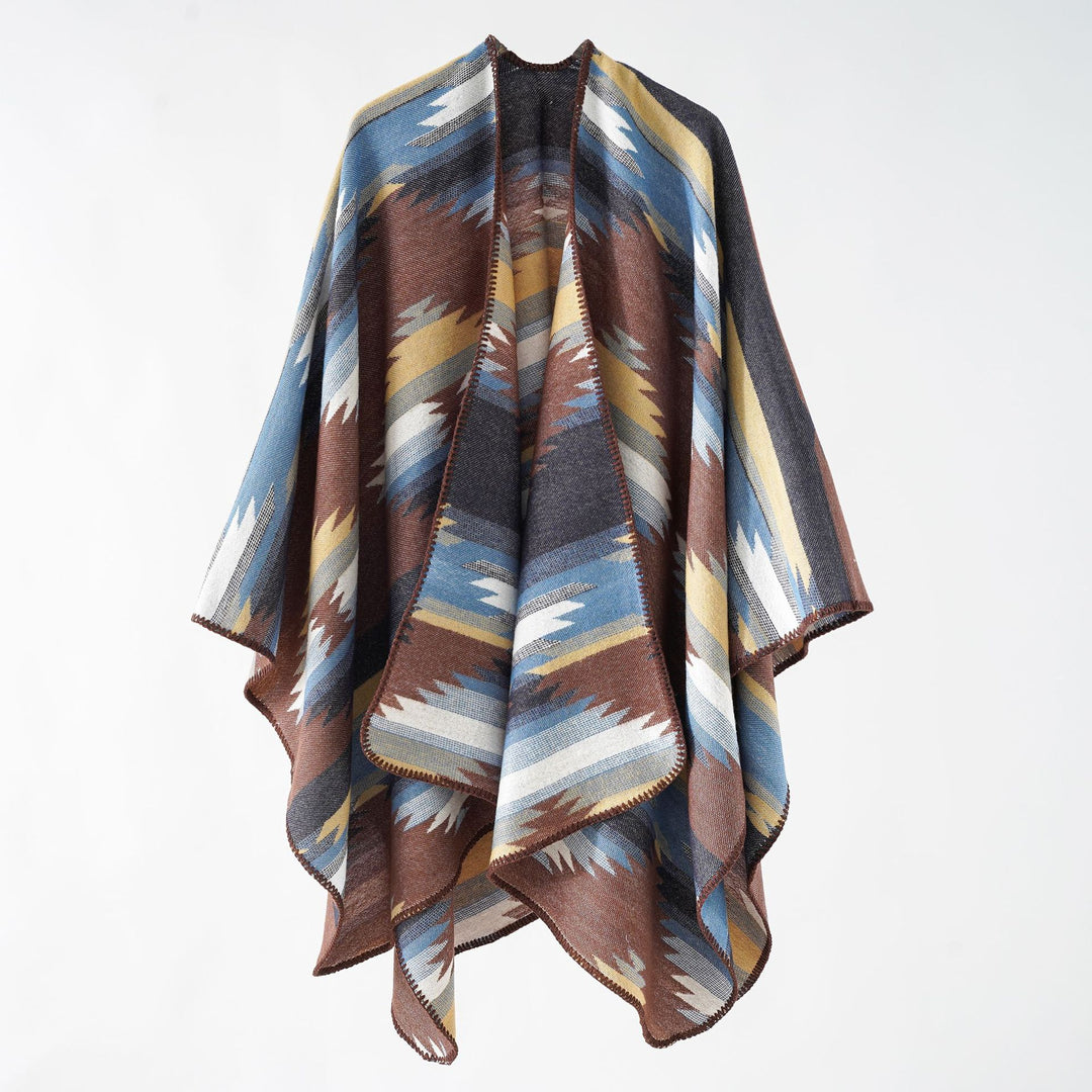 Women's wool-look ruana with graphic ethnic jacquard and decorative overlock seam Mune Fashion