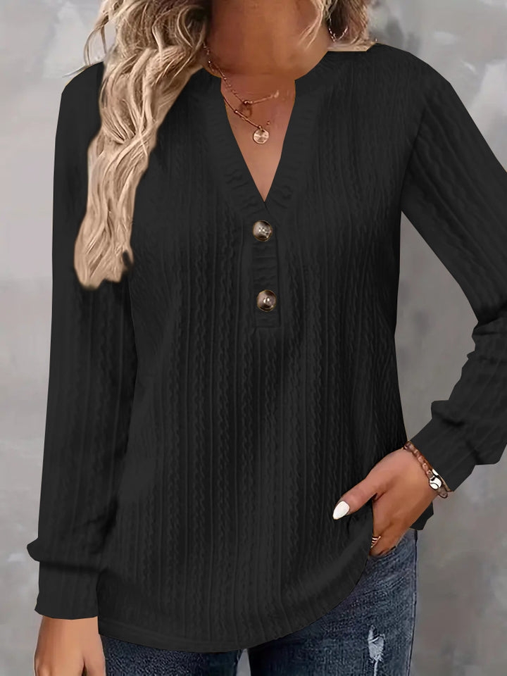 Women Structured V-Neck Long Sleeve Shirt with Decorative Button Placket Mune Fashion