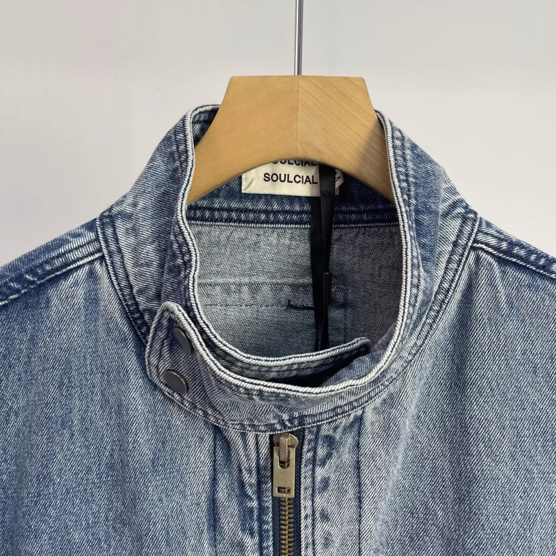 Men's Relaxed Denim Utility Jacket with Stand Collar and Contrasting Chest Pocket Mune Fashion
