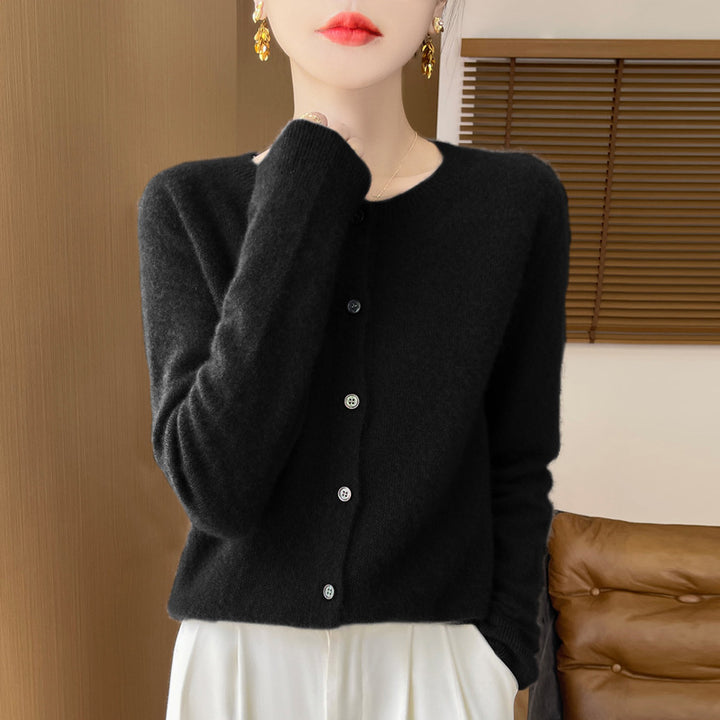 Women's Short-Cut Fine Knit Cardigan with Round Neck and Shimmering Button Placket Mune Fashion