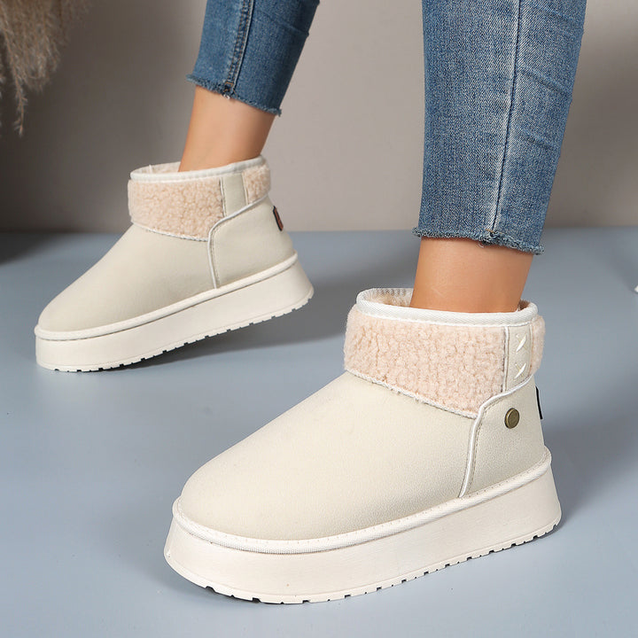 Women Insulated Platform Ankle Boot with Teddy Collar and Slip-On Shaft Mune Fashion