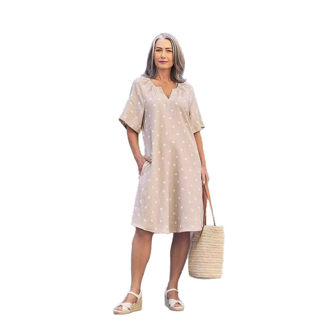 Ladies casual A-line linen look dress with V-neck, gathered shoulder area and side pockets Mune Fashion