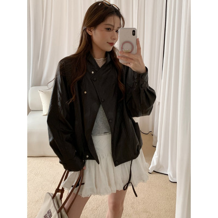 Women's Oversized Biker Jacket made of Faux Leather with Wide Lapels and Voluminous Sleeves Mune Fashion