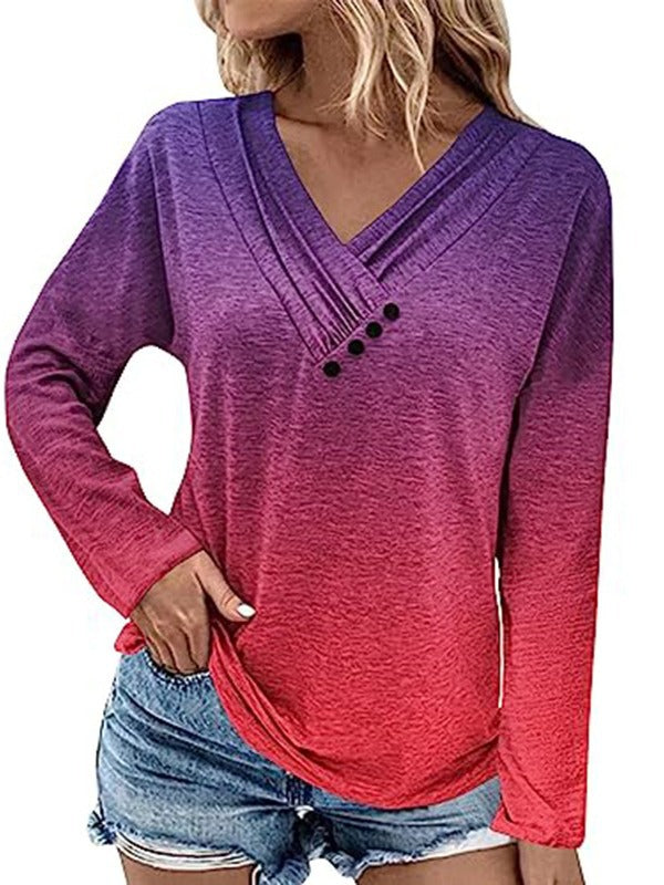 Women's Ribbed V-Neck Sweater with Gradient, Decorative Buttons and Relaxed Fit Mune Fashion