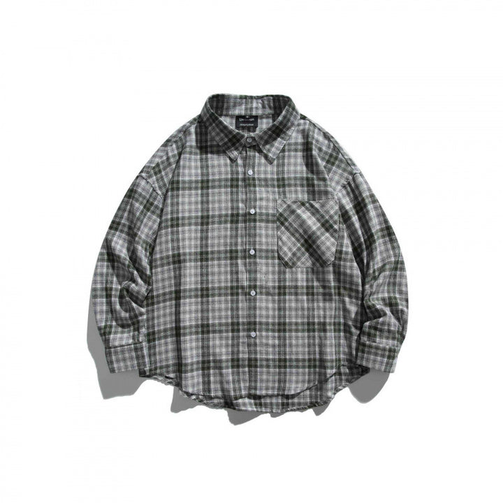 Unisex Oversize Check Shirt Jacket in Boxy Cut with Chest Pocket and Rounded Hem Mune Fashion