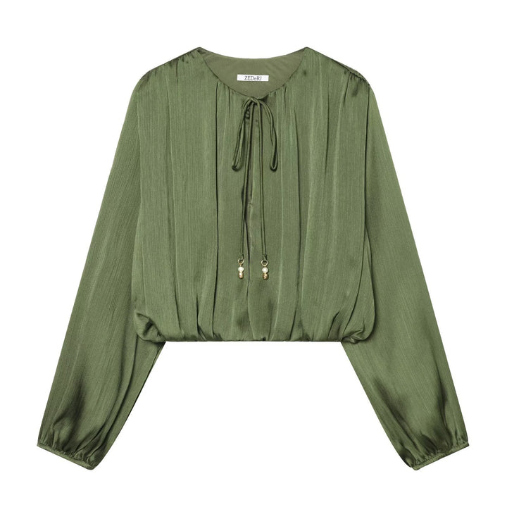 Women's Pleated Cropped Blouse with Drawstring and Balloon Sleeves Mune Fashion