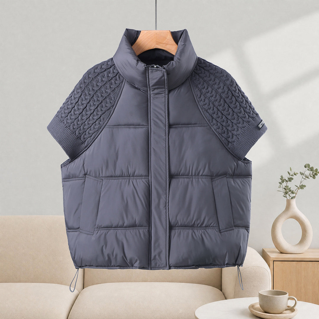 Ladies quilted vest in cape look with cable knit shoulder insert and high stand-up collar Mune Fashion
