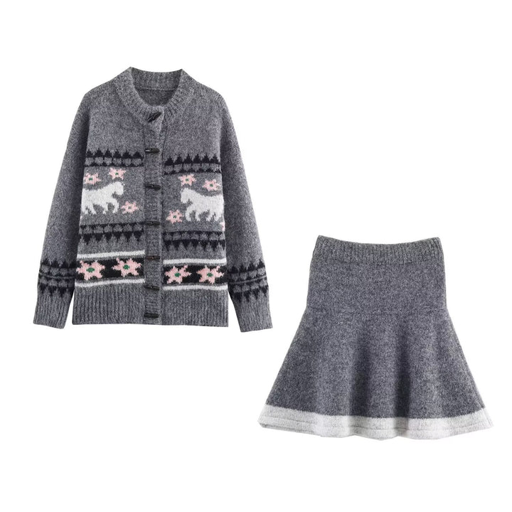 Women's Two-Piece Knit Set with Norwegian Pattern Cardigan and Flared Skirt Mune Fashion